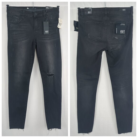 KUT Black Jeans 2 Connie Skinny Distressed Stretch Ankle NWT - Picture 1 of 9